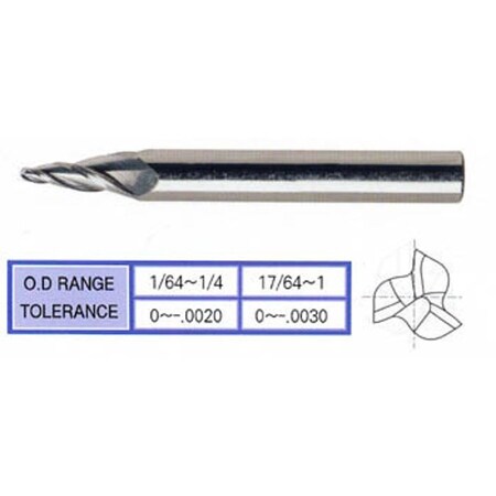 Yg-1 Tool 3 Flute Regular Length Ball Nose Tapered Tin Coated Carbide 88570TN